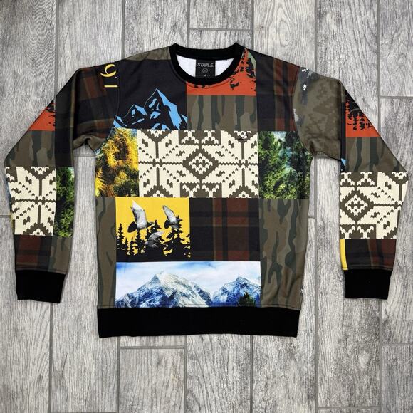 Staple Pigeon Sweatshirt Crew Neck Mens M Green Black Embroidered‎ Aztec AOP - Picture 1 of 8
